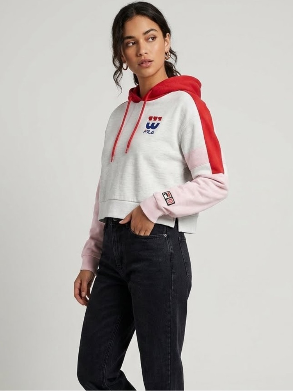 FILA Colorblock Cropped Hoodie - White, Red & Pink Size Small